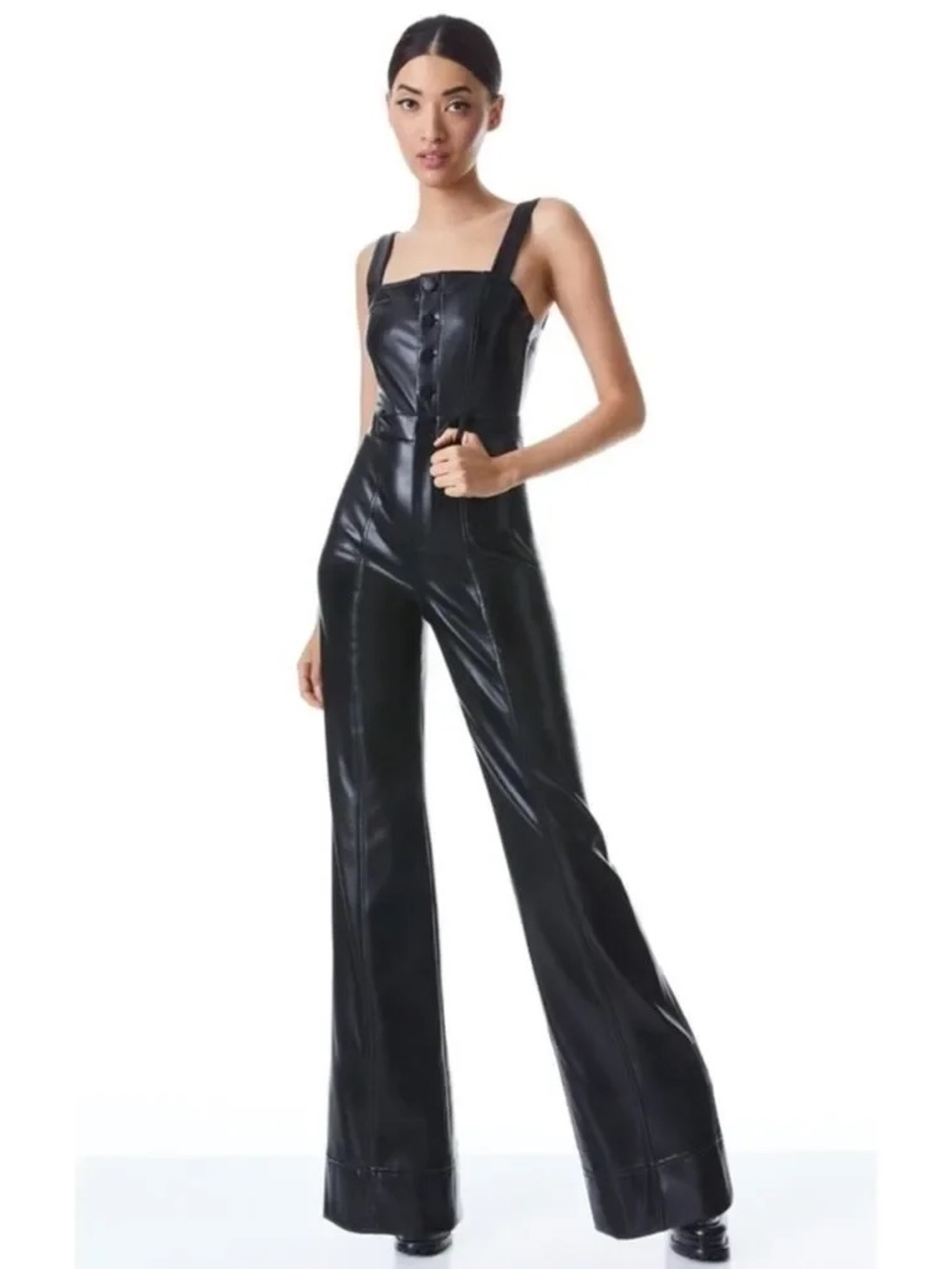 Alice + Olivia Black Vegan Leather Wide-Leg Jumpsuit